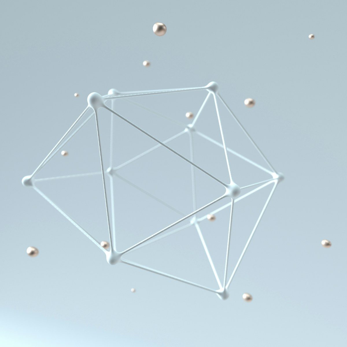 3D wireframe polyhedron with metallic spheres